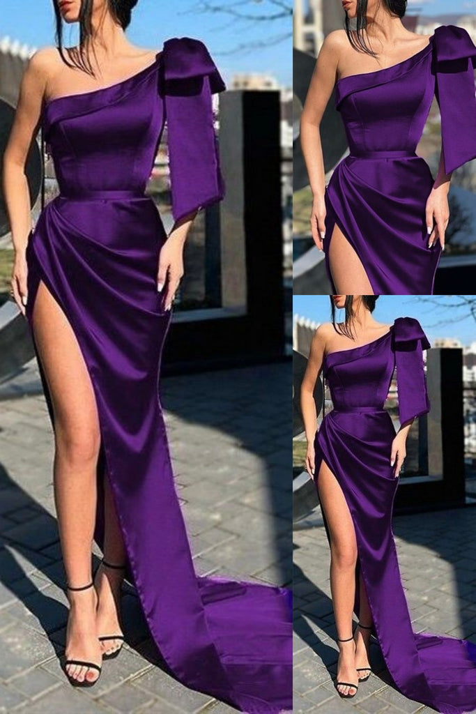 Purple Mermaid One Shoulder Bow Knot Evening Gown Maxi Long Evening Party Prom Dresses with Side Slit,MB719
