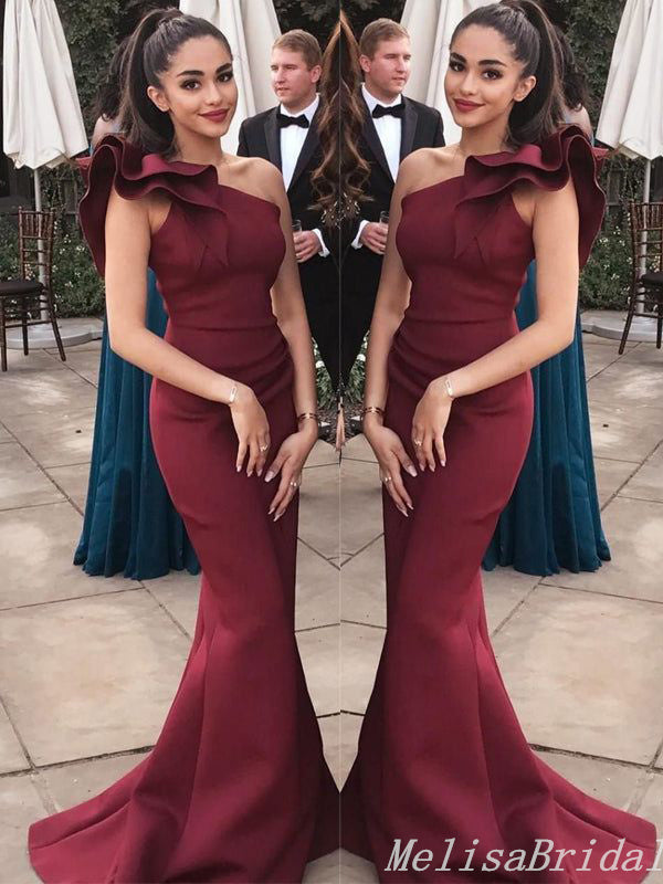 Gorgeous Elegant Burgundy One Shoulder Mermaid Evening Gown Maxi Long Formal Dresses Prom Dresses With Ruffles ,MB495
