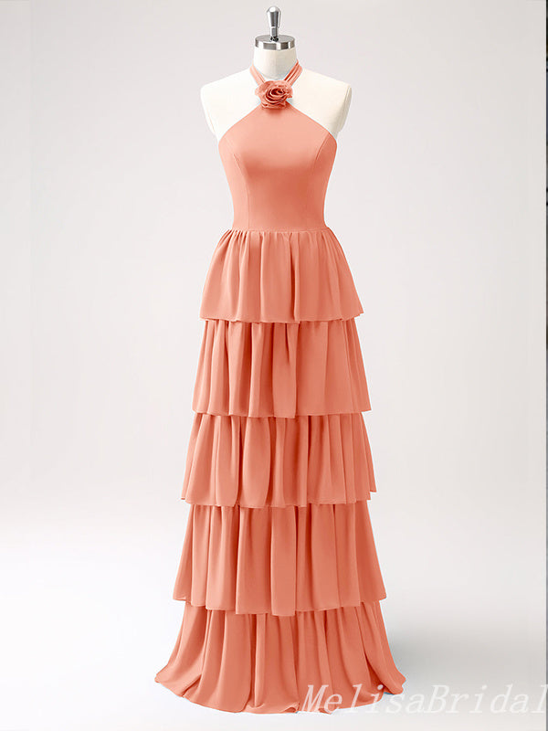 Orange Layer A-line Halter Evening Gown Maxi Long Evening Party Prom Dresses,MB793