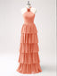 Orange Layer A-line Halter Evening Gown Maxi Long Evening Party Prom Dresses,MB793