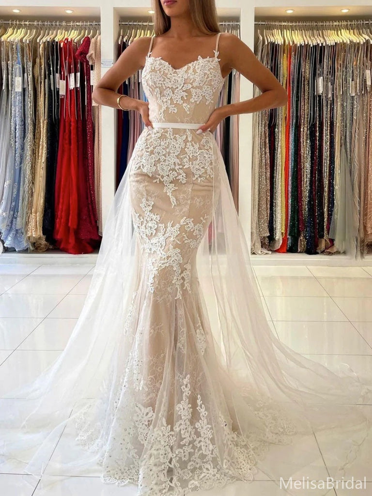 White Mermaid Sweetheart Spaghetti Strap Long Wedding Dresses  ,WD77