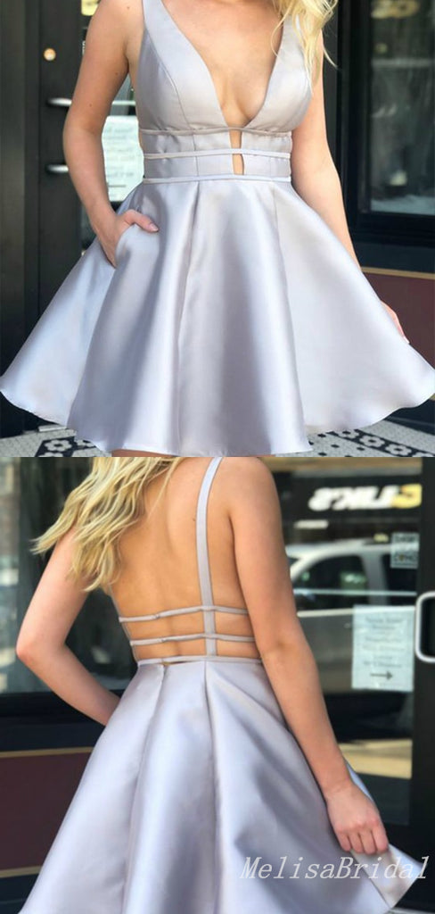 Sexy A-line Deep V-neck Open Back Short Homecoming Dresses, HD261