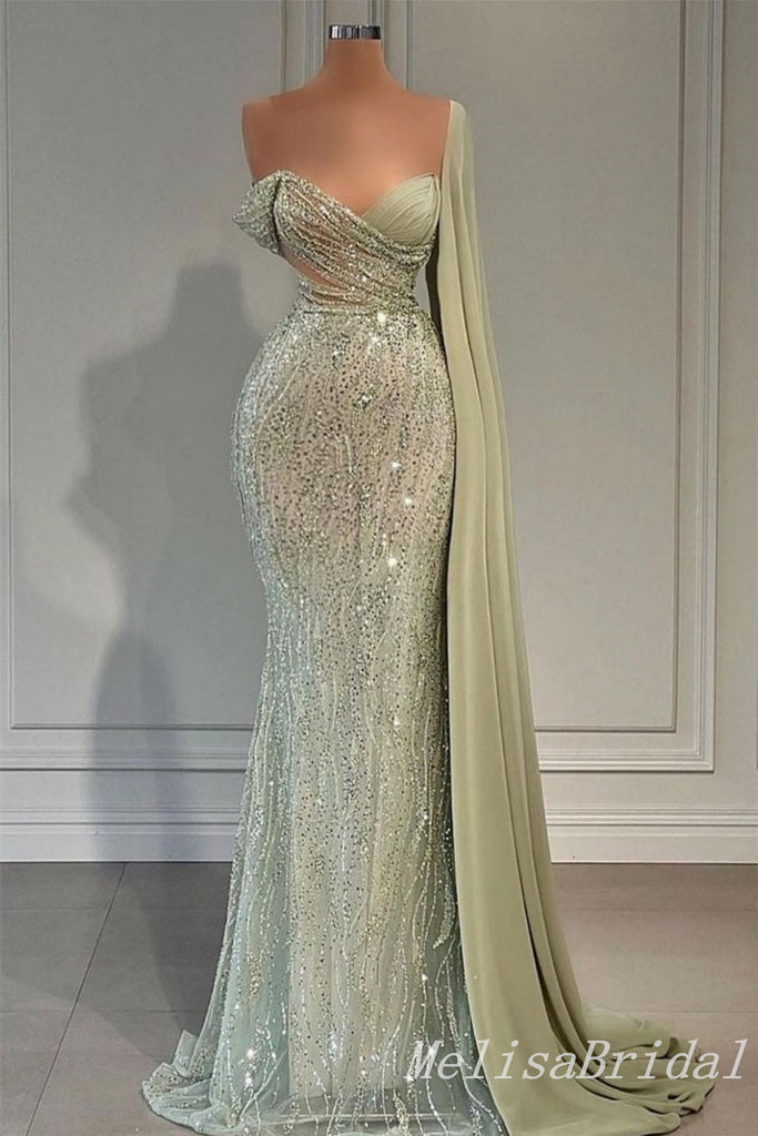 Sparkle Green Off Shoulder V Neck Mermaid Evening Gown Long Evening Party Prom Dresses ,MB828