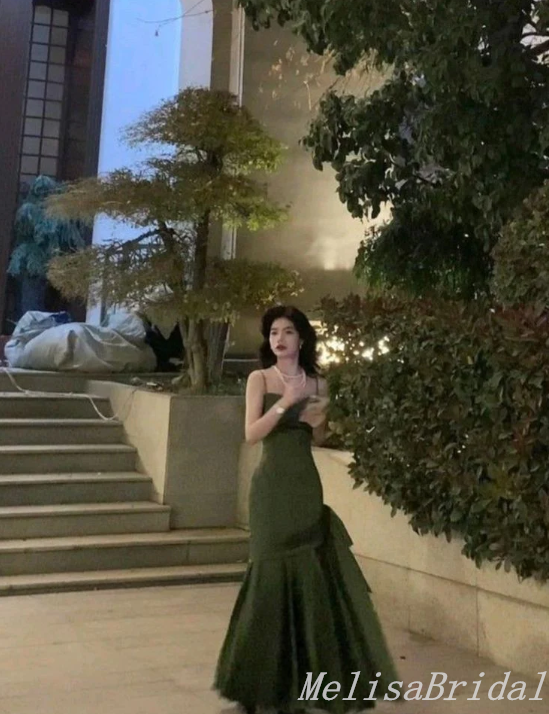 Olive Spaghetti Straps Sweetheart Mermaid Evening Gown Maxi Long Evening Party Prom Dresses ,MB593
