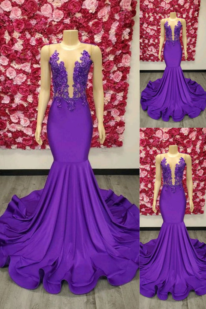Purple Illusion Lace Appliques Mermaid Evening Gown Maxi Long Evening Party Prom Dresses  ,MB721