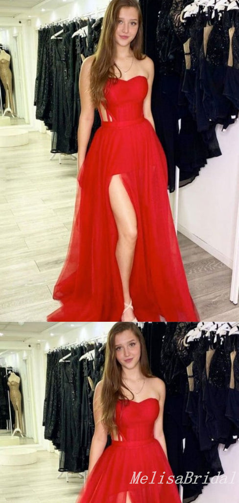 Red Strapless A-Line Sweetheart Evening Gown Maxi Long Evening Party Prom Dresses With Sultry Slit,MB621