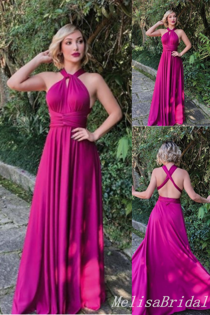 Hot Pink Halter Criss Cross A-line Evening Gown Maxi Long Evening Party Prom Dresses ,MB749