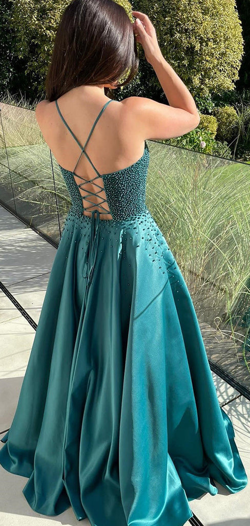 Elegant Green Spaghetti Strap A-Line Lace Up Back Long Prom Dresses,MB01