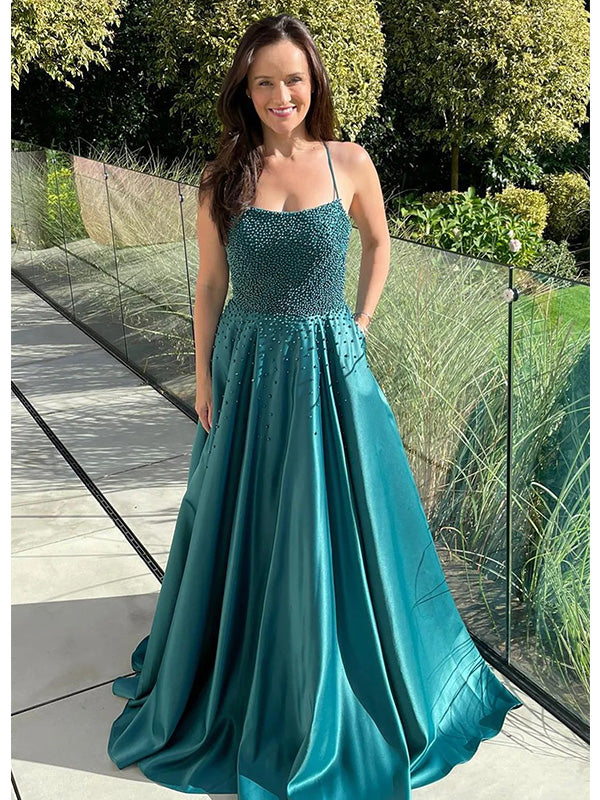 Elegant Green Spaghetti Strap A-Line Lace Up Back Long Prom Dresses,MB01