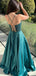 Elegant Green Spaghetti Strap A-Line Lace Up Back Long Prom Dresses,MB01