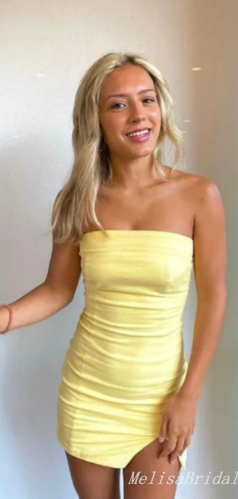 Elegant Simple Yellow Strapless Short Tight Graduation Party Homecoming Dresses, HD328