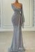 Sparkle Grey Mermaid One Shoulder Evening Gown Long Evening Party Prom Dresses,MB831