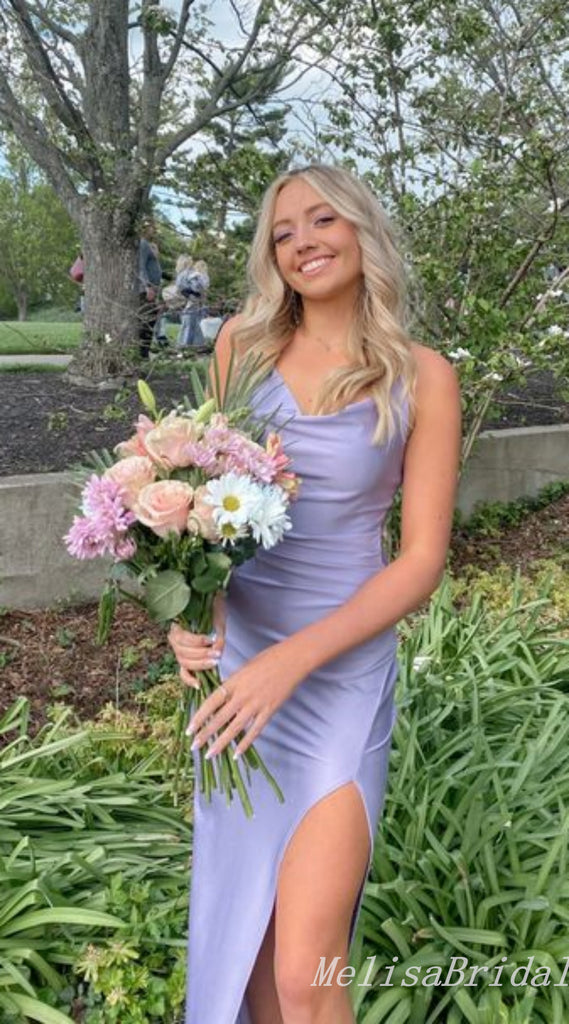 Spaghetti Straps Lilac Sheath Evening Gown Maxi Long Evening Party Prom Dresses with Side Slit,MB797
