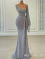 Sparkle Grey Mermaid One Shoulder Evening Gown Long Evening Party Prom Dresses,MB831