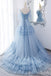 Blue Lace Up Back V Neck Layer Spaghetti Straps A-line Ball Gown Evening Gown Maxi Long Evening Party Prom Dresses,MB798