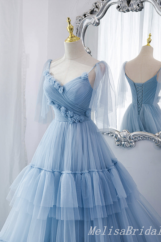 Blue Lace Up Back V Neck Layer Spaghetti Straps A-line Ball Gown Evening Gown Maxi Long Evening Party Prom Dresses,MB798