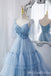 Blue Lace Up Back V Neck Layer Spaghetti Straps A-line Ball Gown Evening Gown Maxi Long Evening Party Prom Dresses,MB798