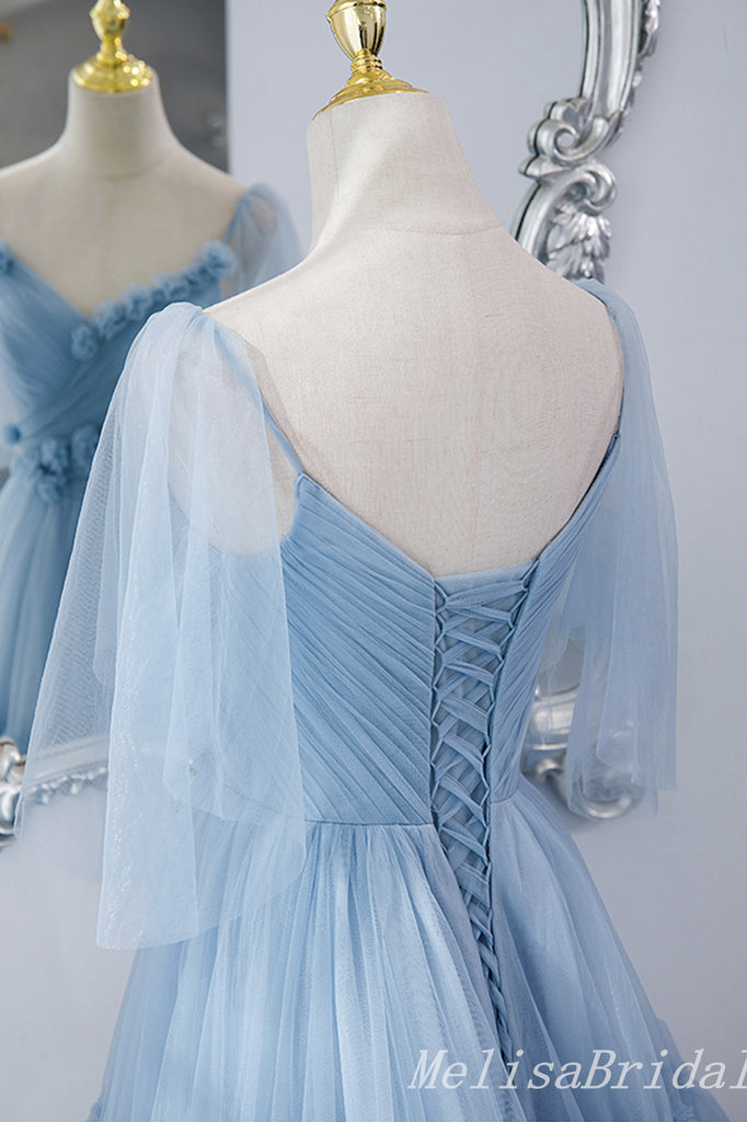 Blue Lace Up Back V Neck Layer Spaghetti Straps A-line Ball Gown Evening Gown Maxi Long Evening Party Prom Dresses,MB798