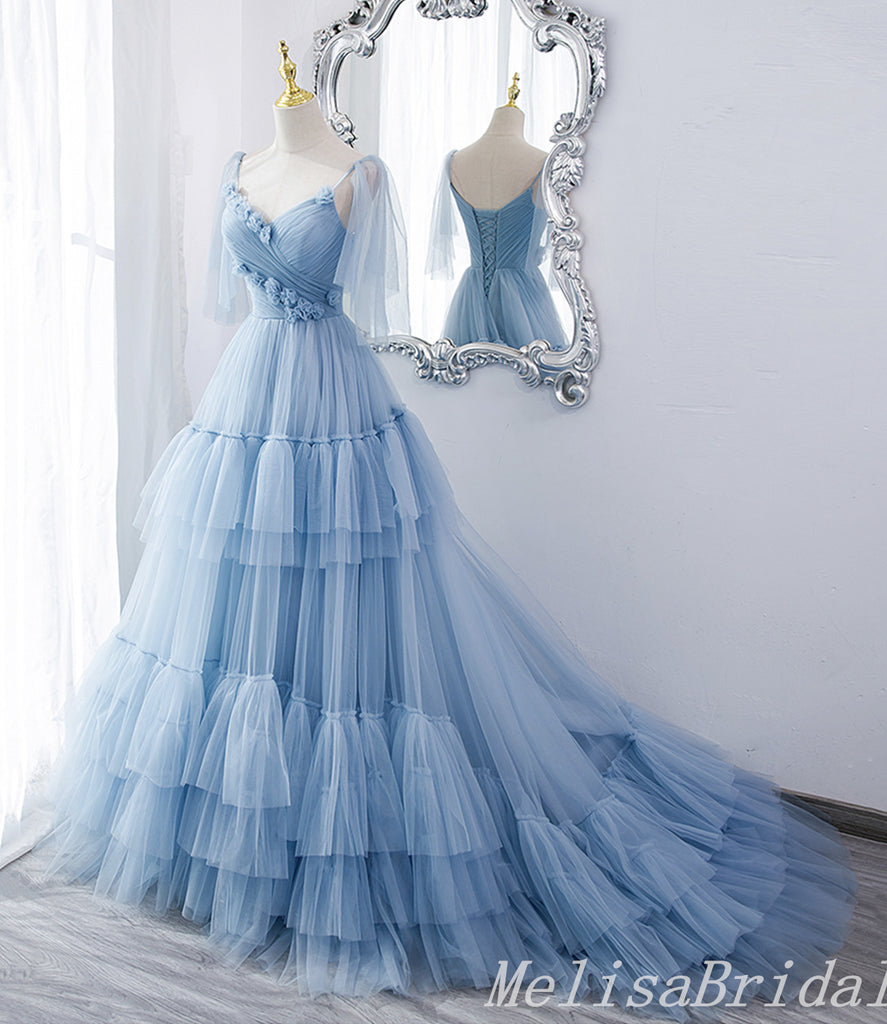 Blue Lace Up Back V Neck Layer Spaghetti Straps A-line Ball Gown Evening Gown Maxi Long Evening Party Prom Dresses,MB798