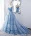 Blue Lace Up Back V Neck Layer Spaghetti Straps A-line Ball Gown Evening Gown Maxi Long Evening Party Prom Dresses,MB798