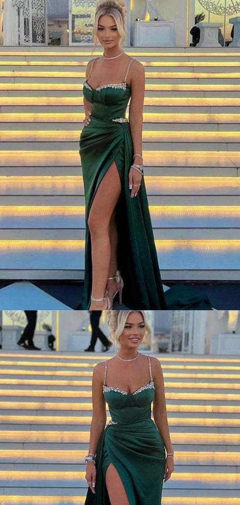 Sexy Strapless High Slit Beading Green Evening Gown Long Prom Dresses with Pleats,MB252