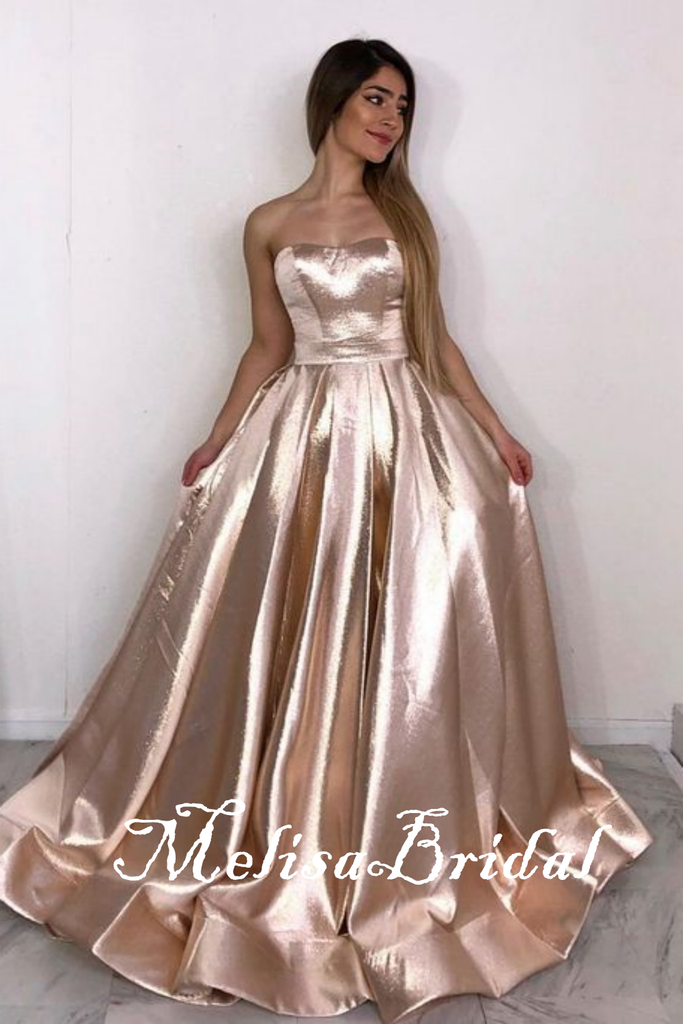 Champagne Sparkle A-Line Strapless Evening Gown Maxi Long Evening Party Prom Dresses With Pleats,MB653