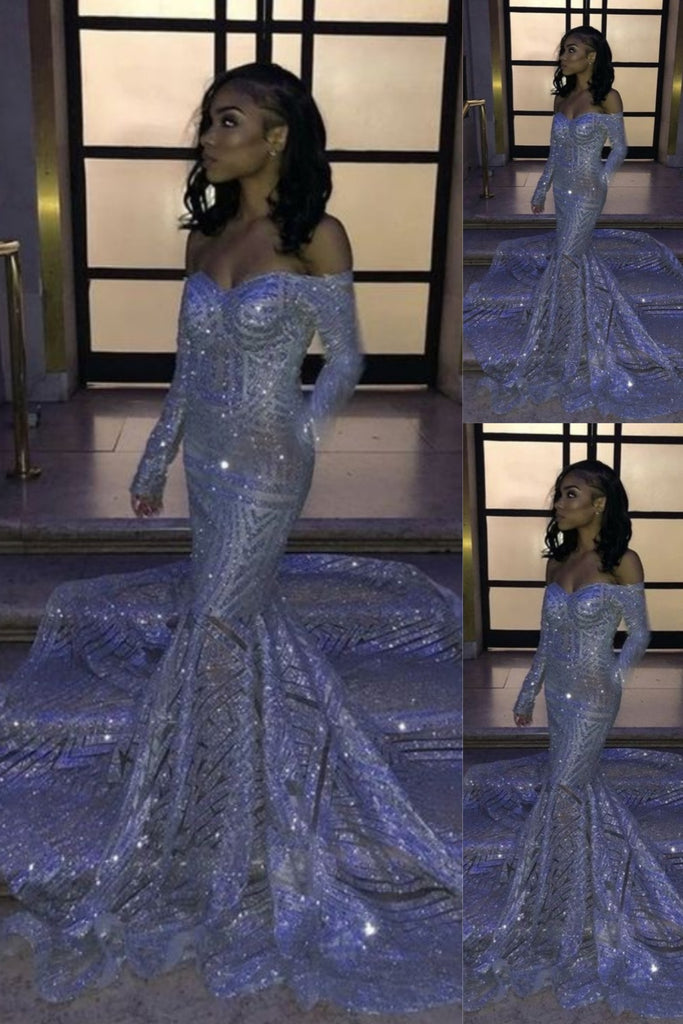Sparkle Purple Off Shoulder Long Sleeves Mermaid Evening Gown Maxi Long Evening Party Prom Dresses,MB724