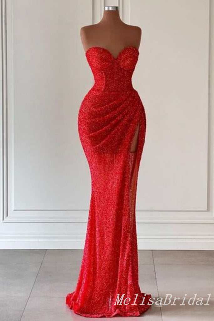 Red Strapless Mermaid Sweetheart Evening Gown Long Evening Party Prom Dresses with Side Slit,MB832