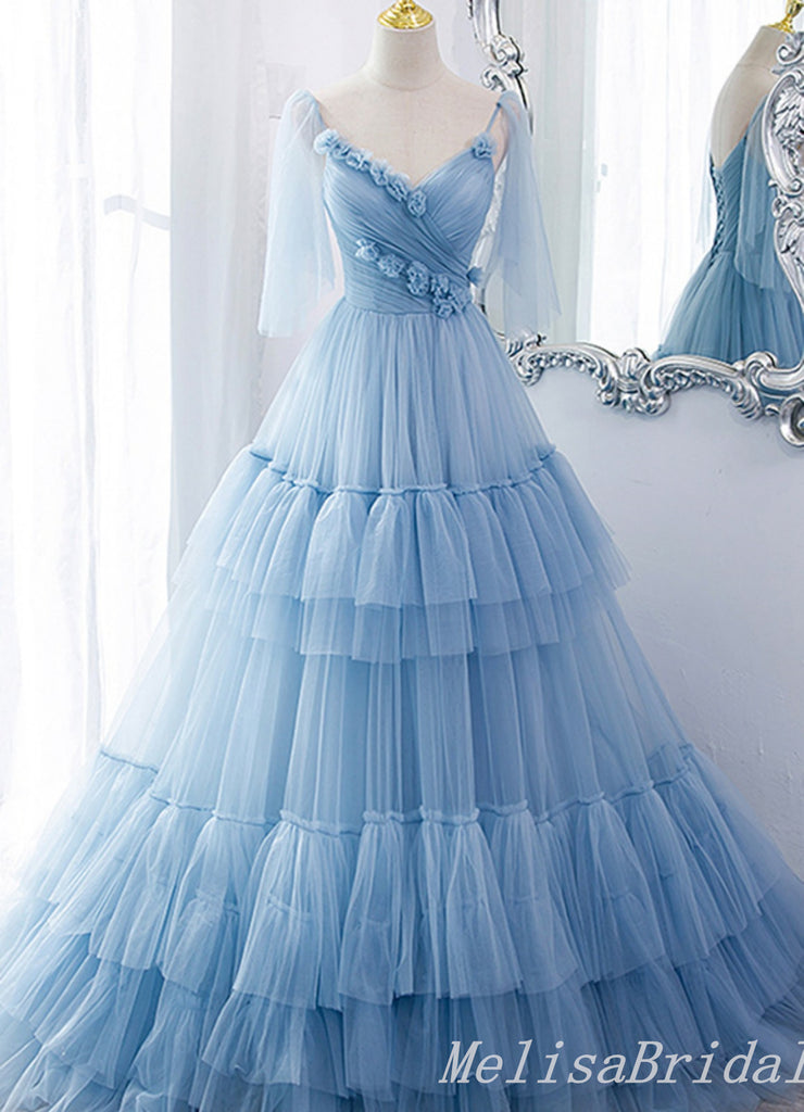 Blue Lace Up Back V Neck Layer Spaghetti Straps A-line Ball Gown Evening Gown Maxi Long Evening Party Prom Dresses,MB798