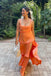 Elegant Orange Ruffle Side Slit A-Line Lace Up Back Long Prom Dresses,MB37