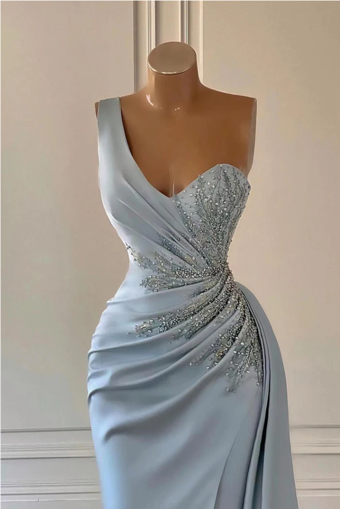 Light Blue One Shoulder Mermaid Evening Gown Maxi Long Evening Party Prom Dresses with Slit,MB726