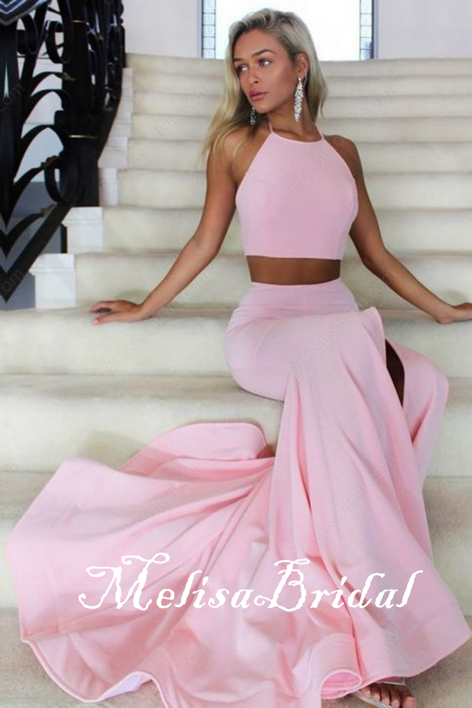 Light Pink Two Pieces Halter A-Line Evening Gown Maxi Long Evening Party Prom Dresses With Slit ,MB655