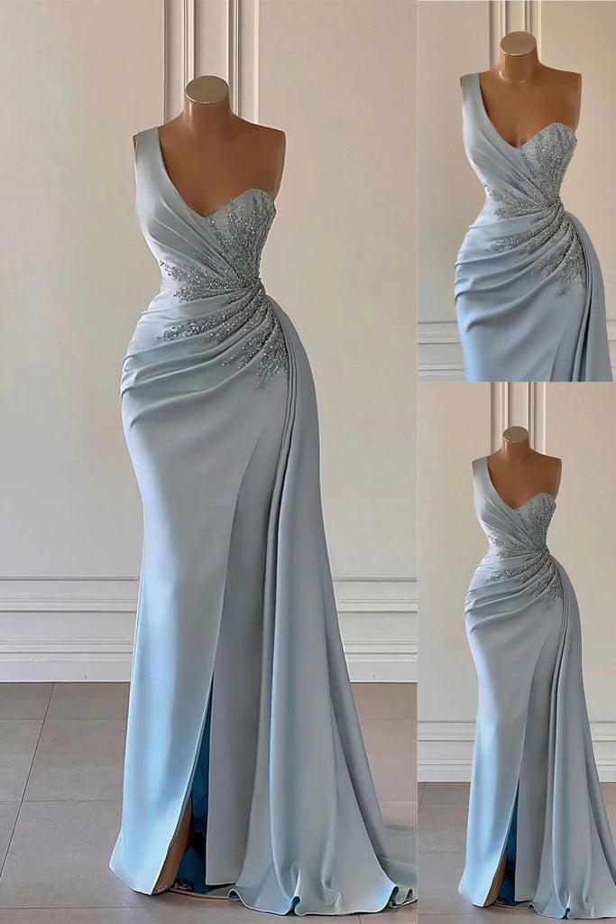 Light Blue One Shoulder Mermaid Evening Gown Maxi Long Evening Party Prom Dresses with Slit,MB726