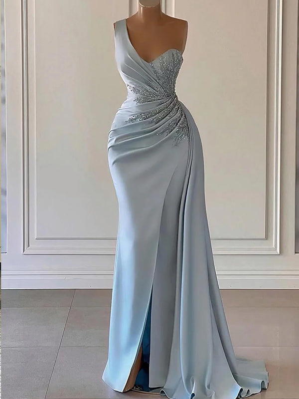 Light Blue One Shoulder Mermaid Evening Gown Maxi Long Evening Party Prom Dresses with Slit,MB726