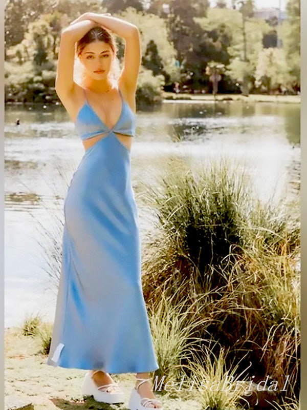 Sexy Blue V Neck Spaghetti Straps Mermaid Sleeveless Evening Prom Dresses,MB146