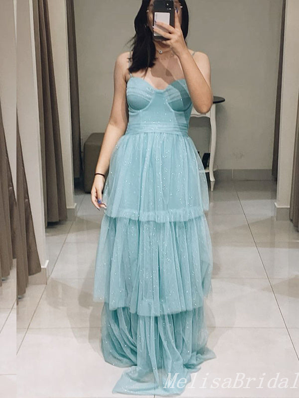 Sparkle Blue Spaghetti Straps A-line Fluffy Evening Gown Maxi Long Evening Party Prom Dresses ,MB764