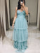 Sparkle Blue Spaghetti Straps A-line Fluffy Evening Gown Maxi Long Evening Party Prom Dresses ,MB764