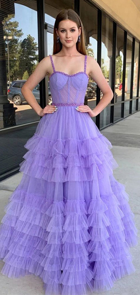 Sexy Light Purple Spaghetti Straps Ruffle Tulle A- Line Long Evening Prom Dresses,MB103