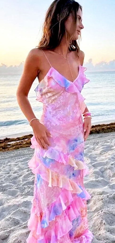 Elegant Pink Spaghetti Strap Ruffles Colorful Beach Prom Dresses,MB88