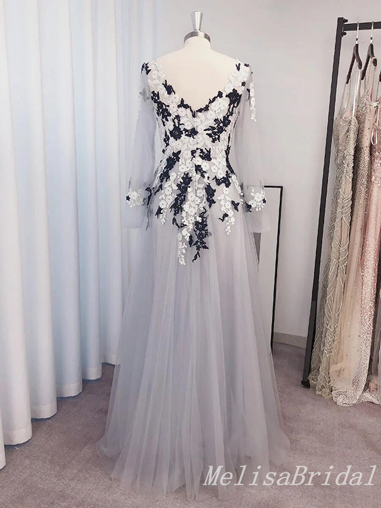 Blue Lace Appliques V Neck Long Sleeves Evening Gown Maxi Long Evening Party Prom Dresses,MB808