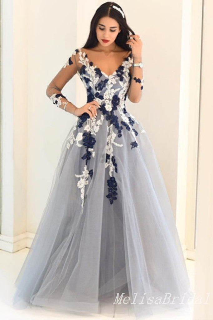 Blue Lace Appliques V Neck Long Sleeves Evening Gown Maxi Long Evening Party Prom Dresses,MB808