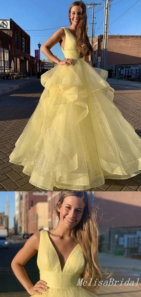 Light Yellow Layer A-Line V-Neck Fluffy Evening Ball Gown Maxi Long Formal Dresses Prom Dresses,MB575