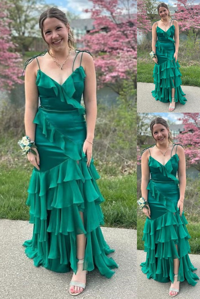 Green Spaghetti Straps Layer Sheath V Neck Evening Gown Maxi Long Evening Party Prom Dresses,MB702