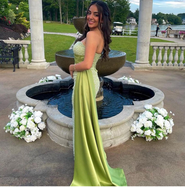 Sparkle Green Strapless Mermaid Evening Gown Maxi Long Evening Party Prom Dresses with Slit,MB727