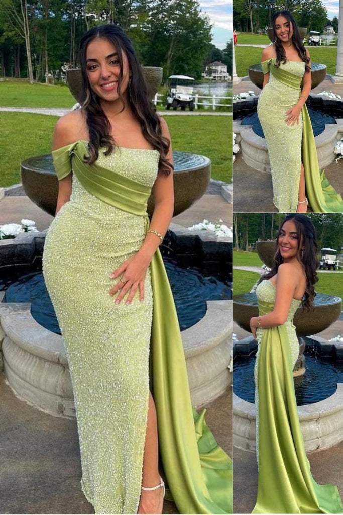 Sparkle Green Strapless Mermaid Evening Gown Maxi Long Evening Party Prom Dresses with Slit,MB727