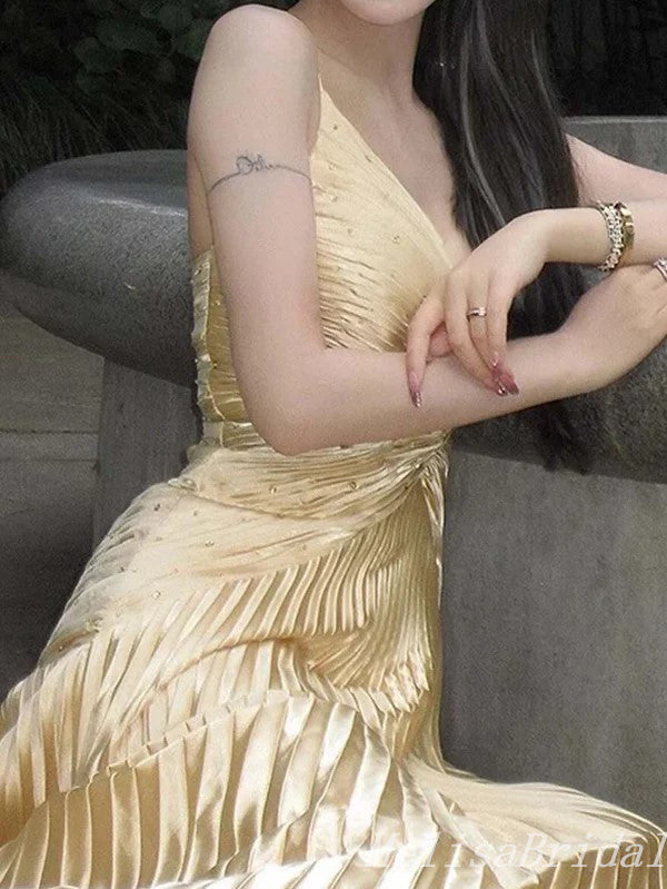 Gold Spaghetti Straps A-line Evening Gown Maxi Long Evening Party Prom Dresses ,MB802