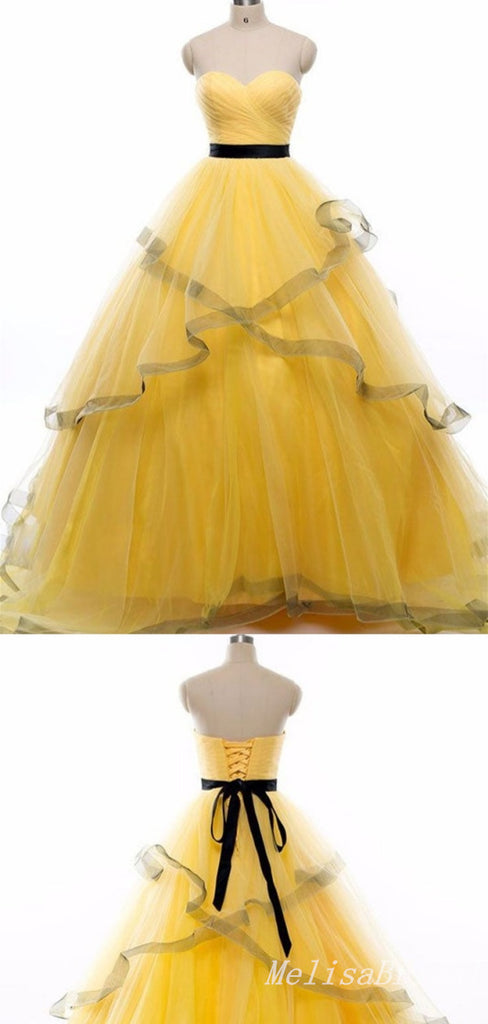 Yellow Layer Fluffy Sweetheart Sheer Corset Lace Up Back A-Line Evening Gown Maxi Long Evening Party Prom Dresses  ,MB594
