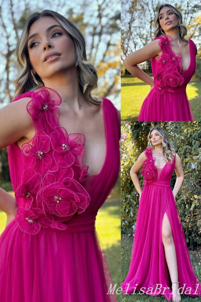 Flower Plunging A-line Evening Gown Maxi Long Evening Party Prom Dresses ,MB755