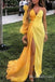 Yellow Long Sleeves Sheath Evening Gown Long Evening Party Prom Dresses with Slit,MB836