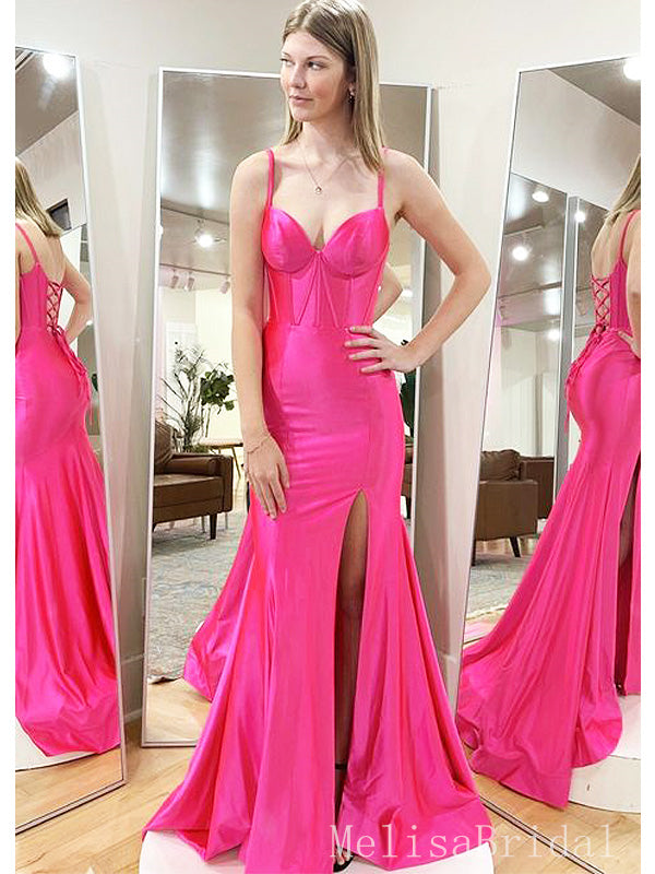 Elegant Pink Spaghetti Strap Side Slit Lace Up Back Mermaid Long Prom Dresses,MB42